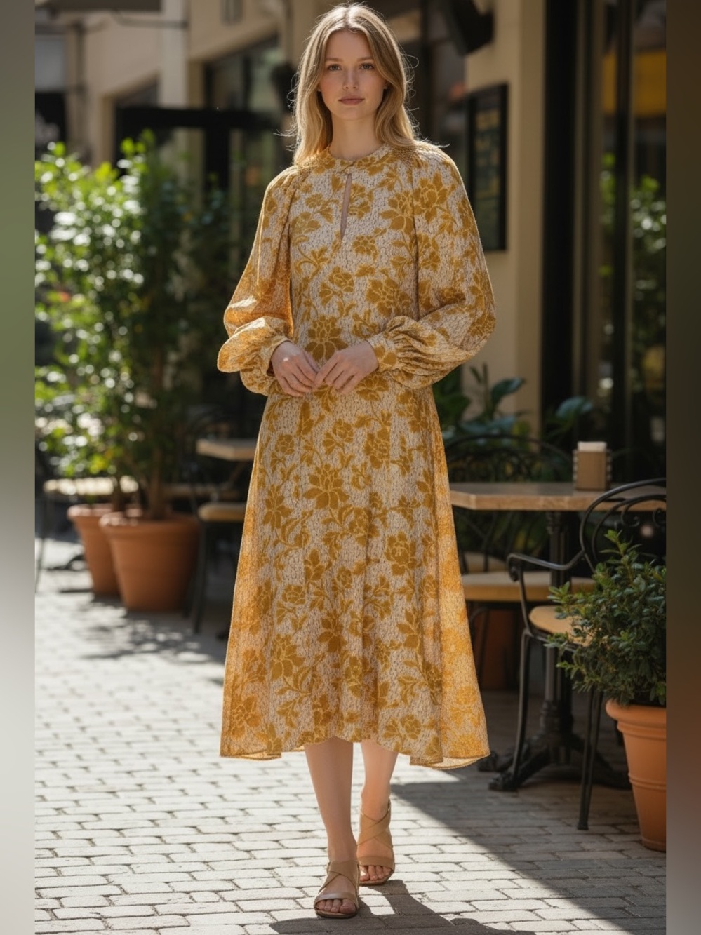 Zara Bohemian Midi Floral Dress M Open Back Boho Long Sleeve A line
